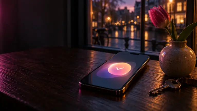 Smartphone on an oak table next to a tulip vase and a bicycle key, showing a payment confirmation