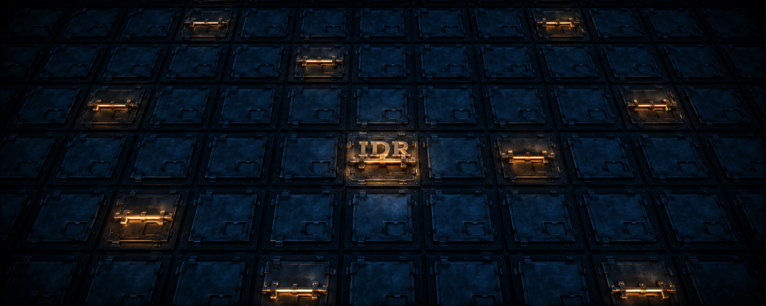 A vast grid of identical steel hatches seen from above, most closed and dim, some sealed with locking bars, the IDR letterforms resting on one