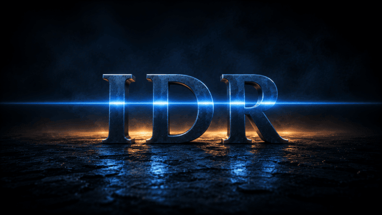 Sculpted blued steel letters spelling IDR on volcanic stone, crossed by a hard bar of blue scanning light with amber raking in behind