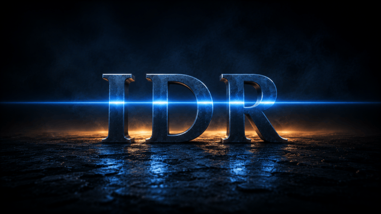 Sculpted blued steel letters spelling IDR on volcanic stone, crossed by a hard bar of blue scanning light with amber raking in behind