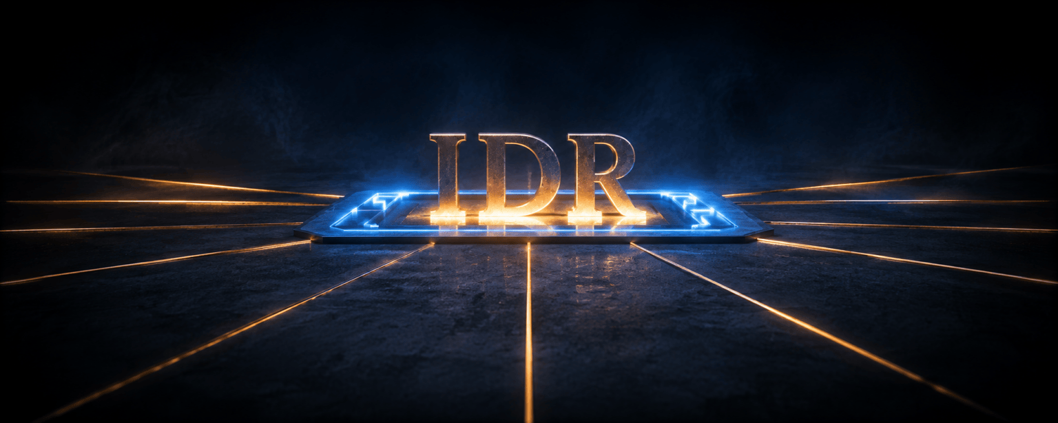 Many thin channels of amber light converging into a single wide opening where the IDR letterforms stand, ringed by a cold blue scanning frame