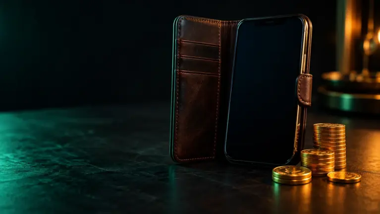 Inovapay casinos header: smartphone in a wallet case next to gold coins