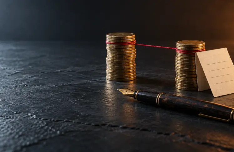Inpay casinos header: two stacks of brass coins joined by a red thread beside a fountain pen