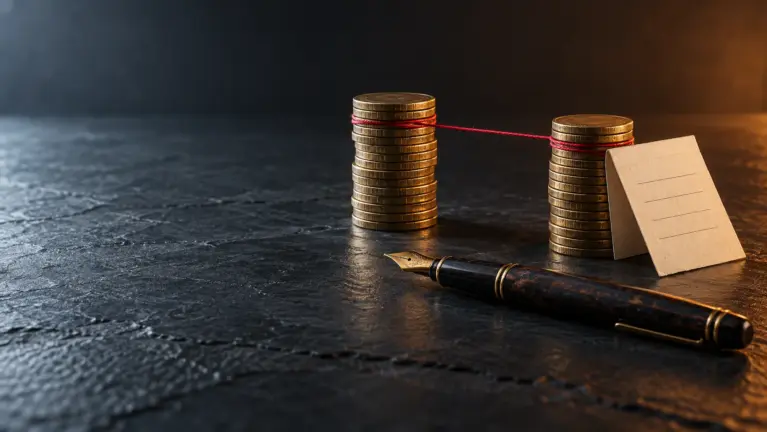 Inpay casinos header: two stacks of brass coins joined by a red thread beside a fountain pen