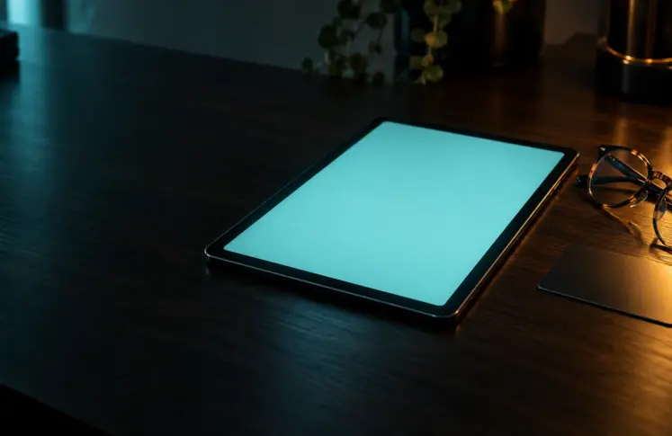 A tablet with a soft aqua glowing screen on a dark wooden desk next to reading glasses and a bank card