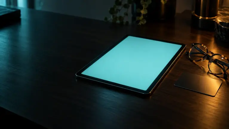 A tablet with a soft aqua glowing screen on a dark wooden desk next to reading glasses and a bank card