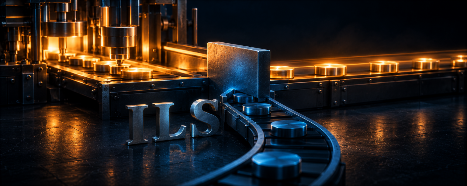 Steel components assembled and lit amber travelling out past the frame, with one branch turning back toward the ILS letterforms blocked by a solid plate