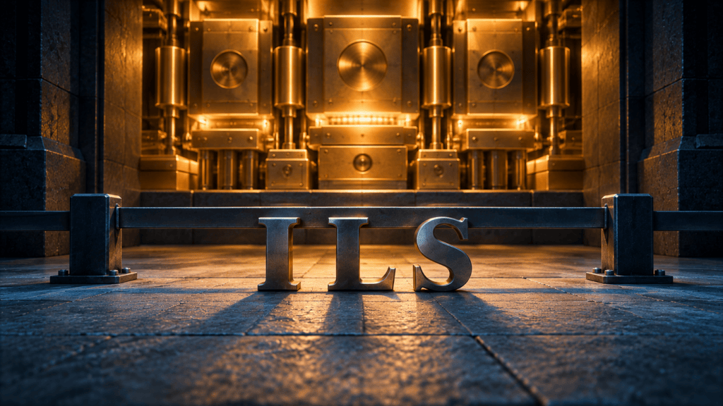 Sculpted steel letters spelling ILS held back by a low barrier from a wall of precision machined components glowing amber behind them