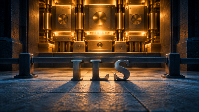 Sculpted steel letters spelling ILS held back by a low barrier from a wall of precision machined components glowing amber behind them
