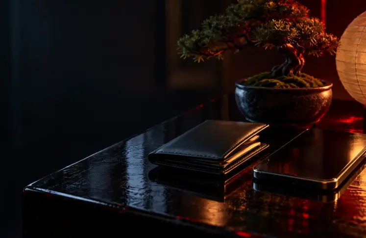 iWallet casinos header: black leather wallet and a smartphone on lacquer with a bonsai and paper lantern
