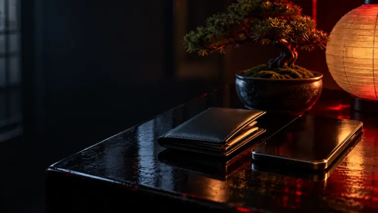 iWallet casinos header: black leather wallet and a smartphone on lacquer with a bonsai and paper lantern