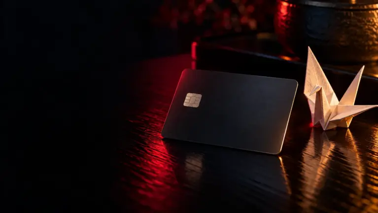 JCB casinos header: dark payment card next to a white paper crane on black lacquer