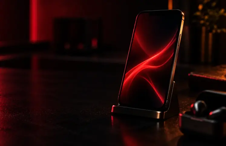 A smartphone in a dark stand with a red abstract glow on the screen, wireless earbuds in their case in the foreground