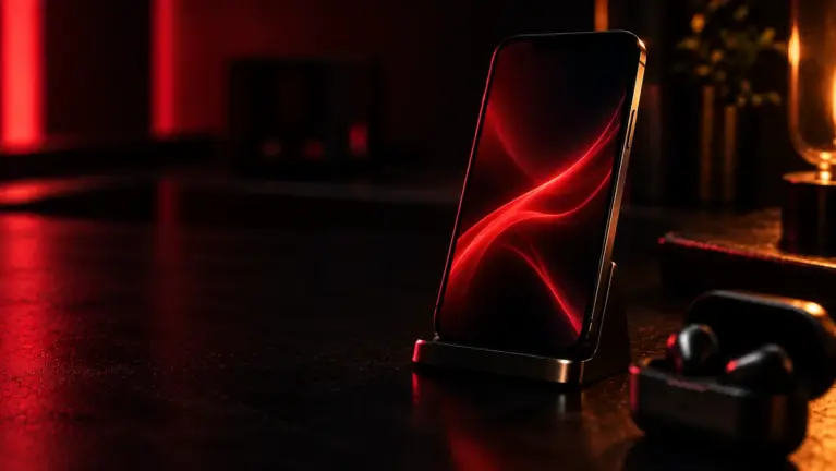 A smartphone in a dark stand with a red abstract glow on the screen, wireless earbuds in their case in the foreground