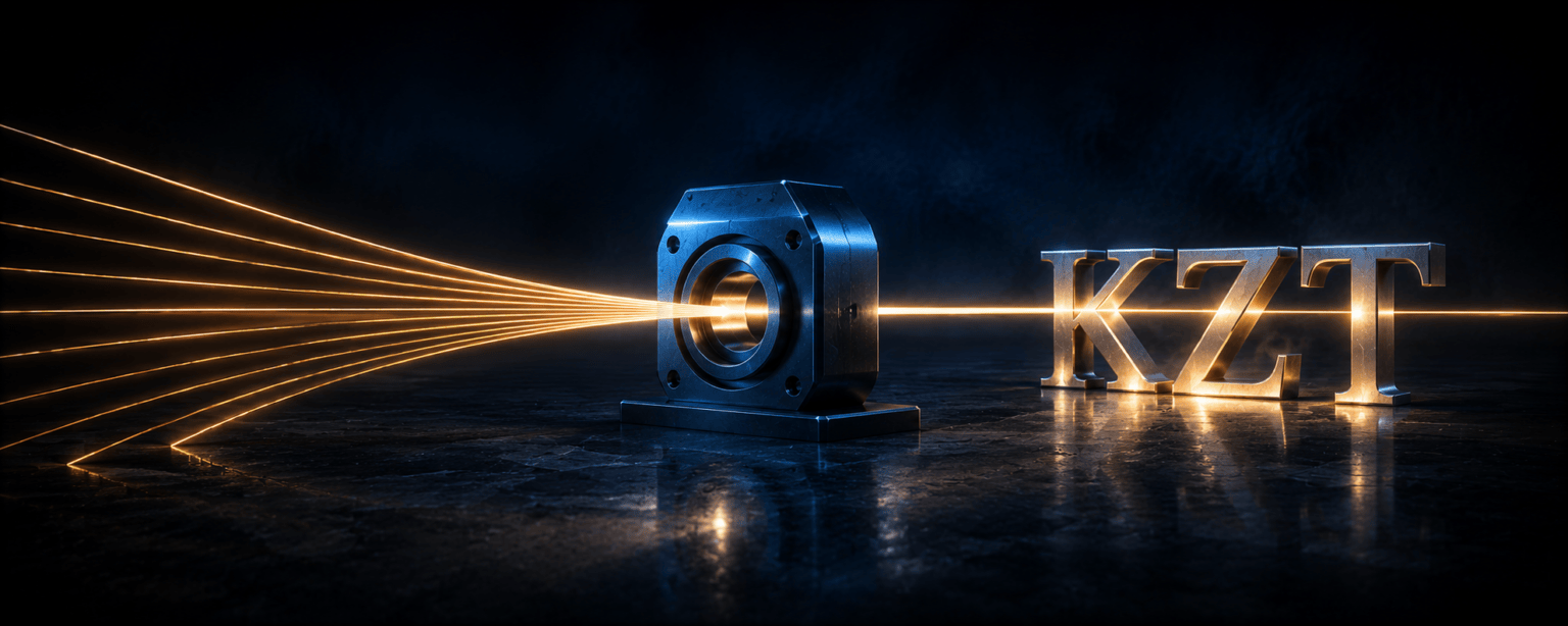 Many thin threads of amber light funnelling through a single machined steel aperture before continuing to the KZT letterforms