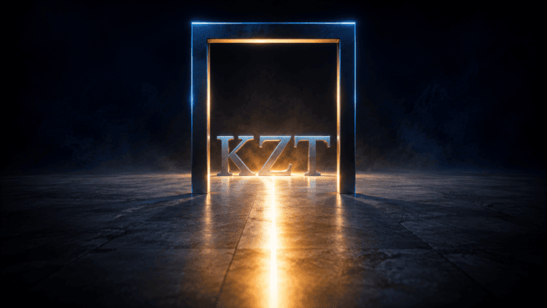 Sculpted silver letters spelling KZT on limestone, with every beam of amber light passing through one tall steel gateway frame to reach them