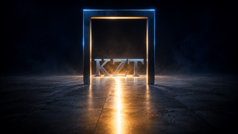 Sculpted silver letters spelling KZT on limestone, with every beam of amber light passing through one tall steel gateway frame to reach them