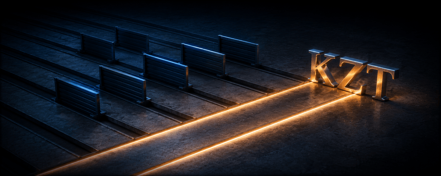 A row of channels across concrete with heavy steel shutters dropped into most of them, two still open and carrying light to the KZT letterforms
