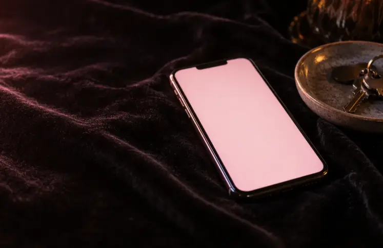 A smartphone with a pale pink screen lying on dark velvet next to a ceramic dish holding a set of keys