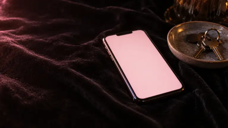A smartphone with a pale pink screen lying on dark velvet next to a ceramic dish holding a set of keys