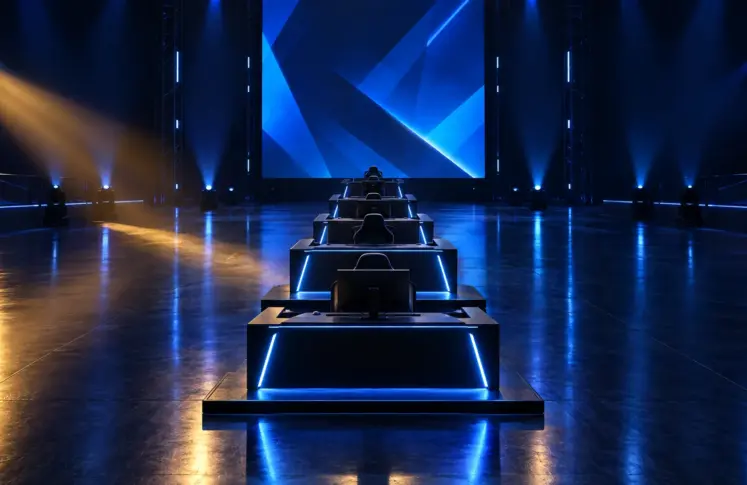 Empty esports stage with five lit player desks in a row facing a tall blue screen, amber beam crossing the reflective floor