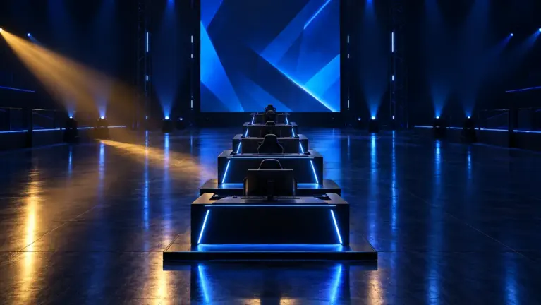 Empty esports stage with five lit player desks in a row facing a tall blue screen, amber beam crossing the reflective floor