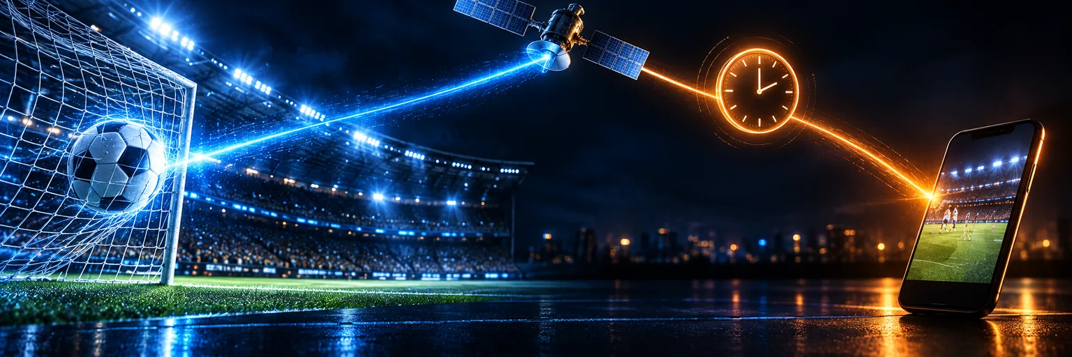 A goal signal travelling via satellite to a phone with a clock showing the delay