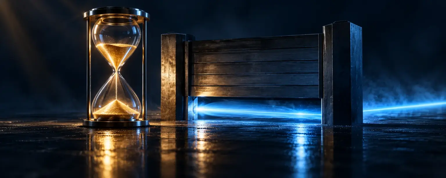 An hourglass beside a half lowered steel gate holding back a beam of light, showing the live bet delay