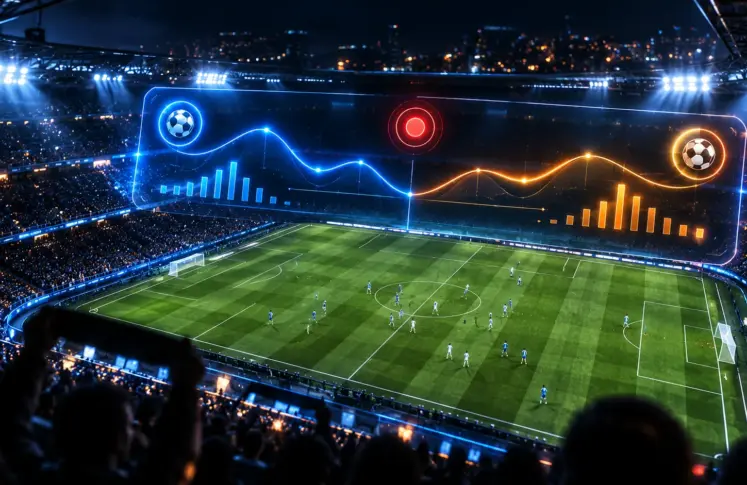 A live football match with a glowing momentum and data overlay above the pitch