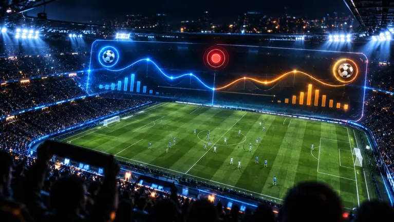 A live football match with a glowing momentum and data overlay above the pitch