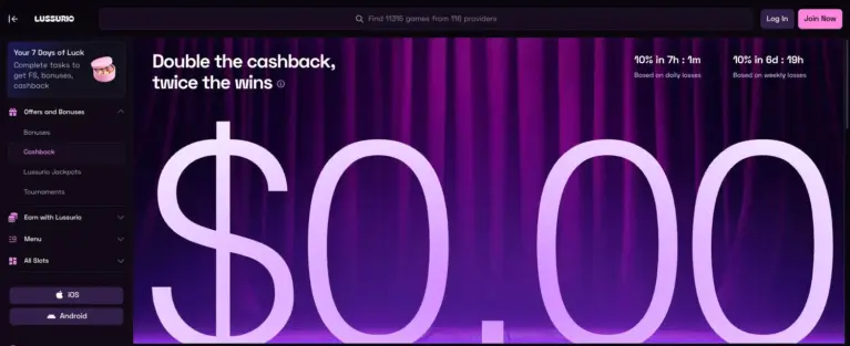 Cashback page with 10% daily and 10% weekly cashback timers
