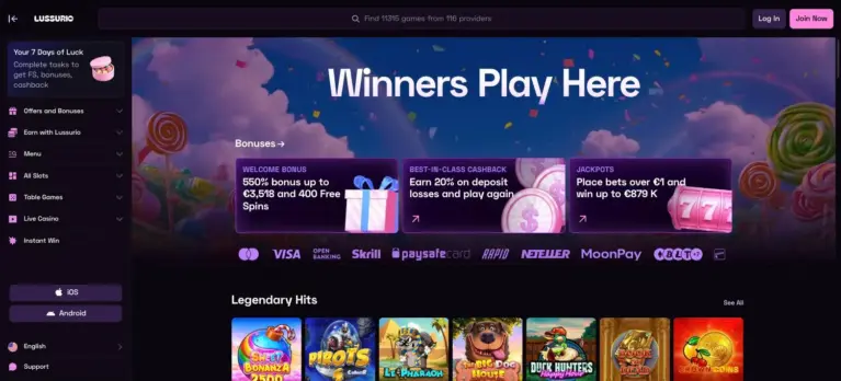 Lussurio Casino homepage with the welcome bonus, cashback and jackpot banners