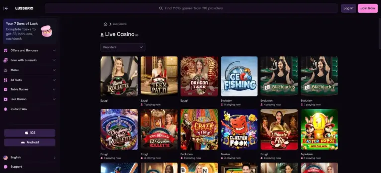 Lussurio Casino live lobby with Ezugi and Evolution tables