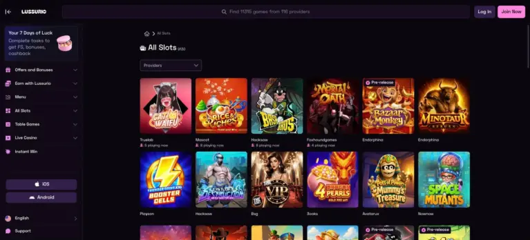 Slots lobby with a provider filter and pre release titles