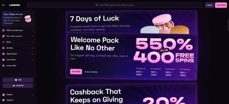Welcome pack of 550% plus 400 free spins split over four deposits