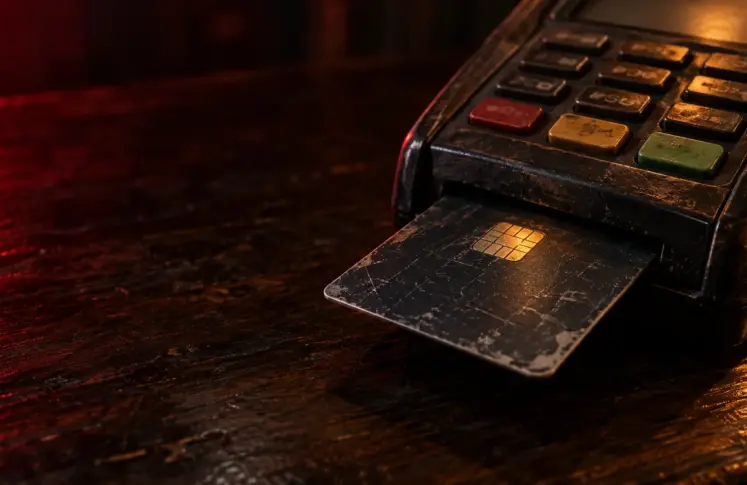 A worn debit card with a gold chip inserted into an old card terminal on a dark wooden counter, lit in deep red and warm amber