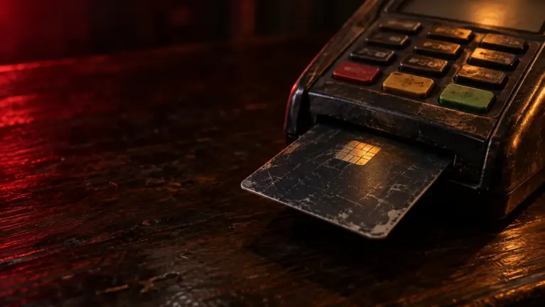 A worn debit card with a gold chip inserted into an old card terminal on a dark wooden counter, lit in deep red and warm amber