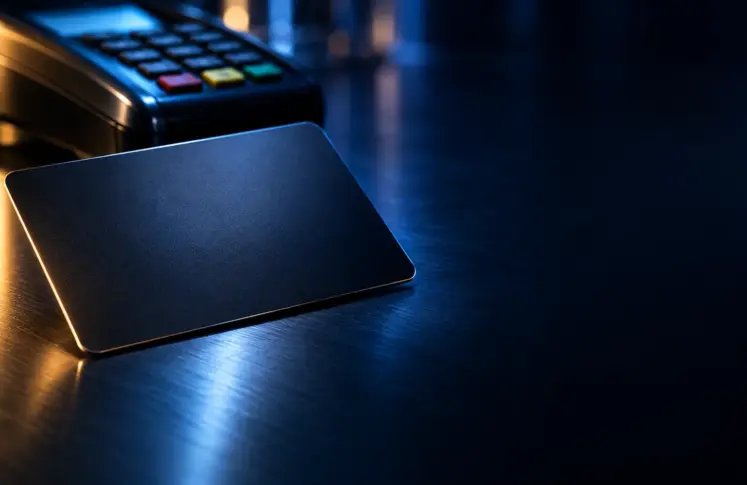 Blank dark payment card resting on a brushed metal surface in front of an out of focus card terminal, blue light with warm amber reflections