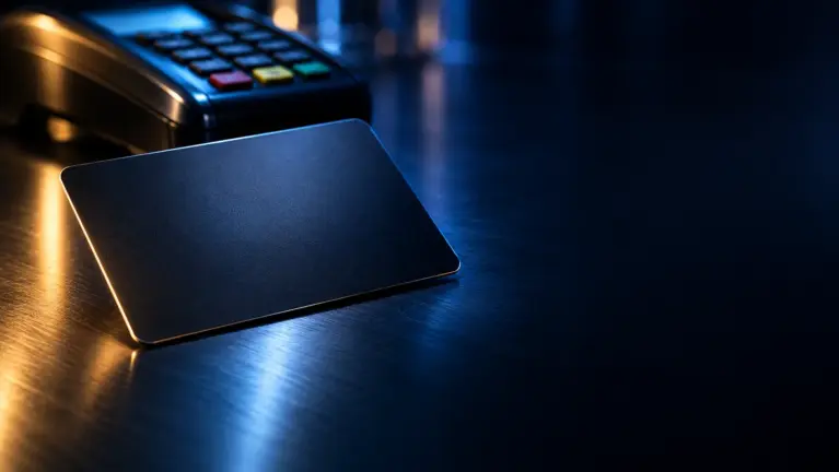 Blank dark payment card resting on a brushed metal surface in front of an out of focus card terminal, blue light with warm amber reflections