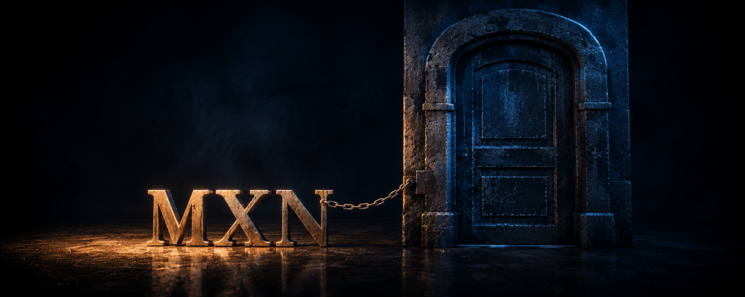 The MXN letterforms standing beside a closed ancient stone doorway rather than in it, tethered to the frame by a short brass chain