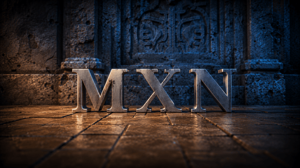 Sculpted silver letters spelling MXN lit amber on terracotta tile, standing in front of a weathered carved stone wall in blue shadow