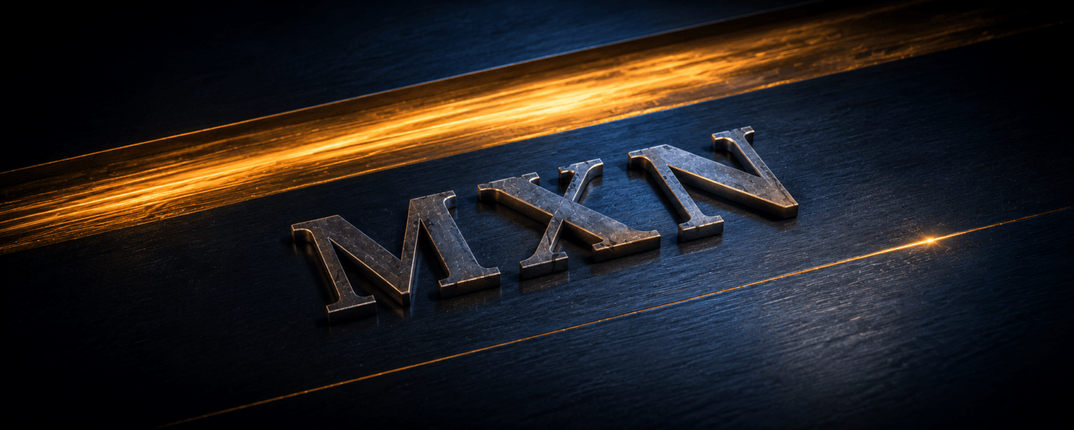 The MXN letterforms on steel with a barely visible hairline channel carrying a thin thread of light in front and a much wider channel behind
