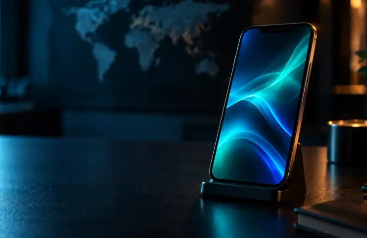 A smartphone in a dark stand with a teal and blue wave on the screen, a world map blurred on the wall behind it