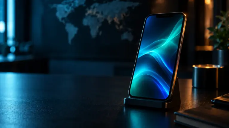 A smartphone in a dark stand with a teal and blue wave on the screen, a world map blurred on the wall behind it