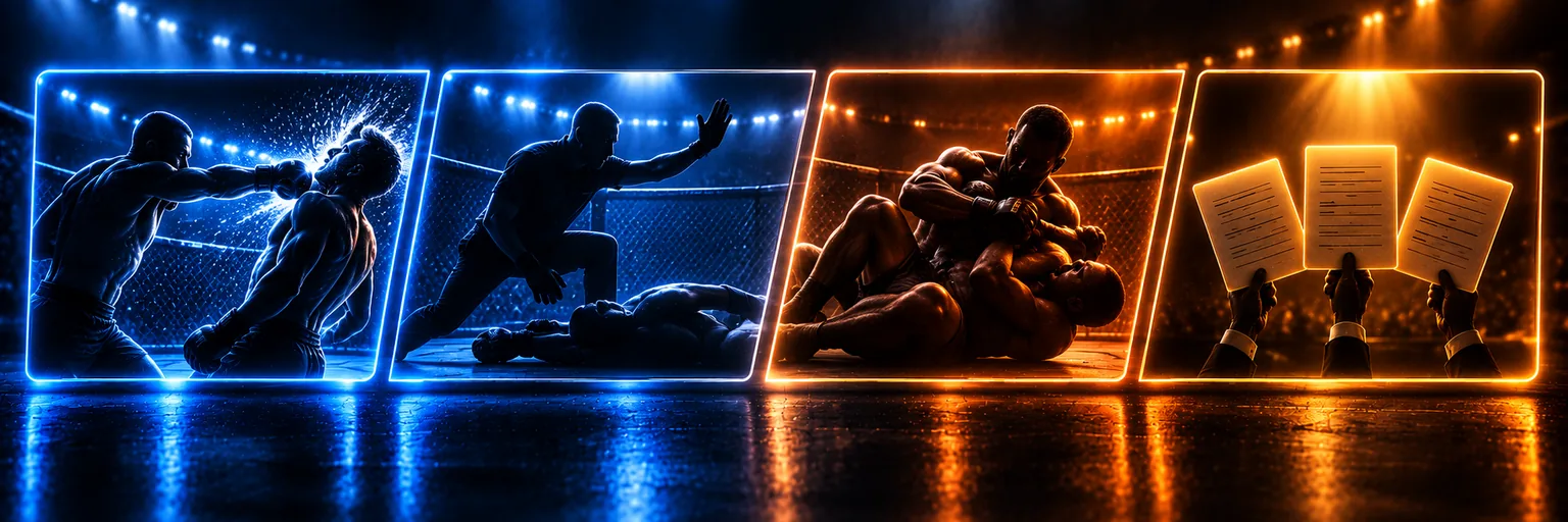 Knockout, referee stoppage, submission and judges scorecards shown side by side