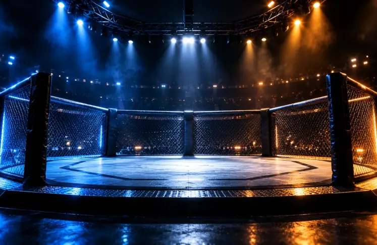 An empty octagon cage lit from above in a dark arena