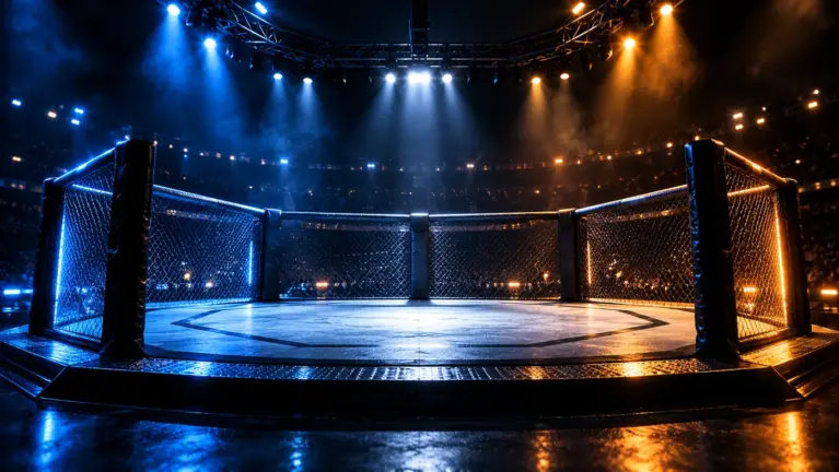 An empty octagon cage lit from above in a dark arena