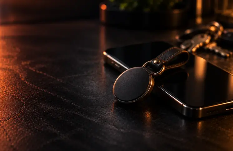 A round contactless key fob on a leather strap resting on a smartphone on a black desk, keys blurred in the background