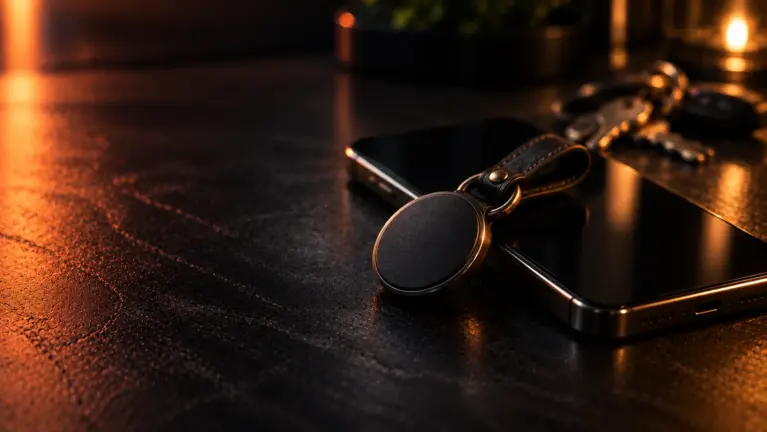 A round contactless key fob on a leather strap resting on a smartphone on a black desk, keys blurred in the background