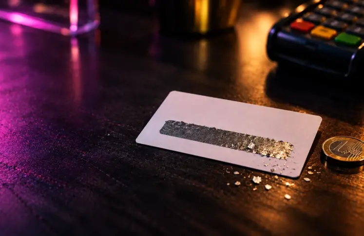 A blank prepaid voucher with a scratched silver strip and a euro coin on a dark counter, a card terminal blurred behind it